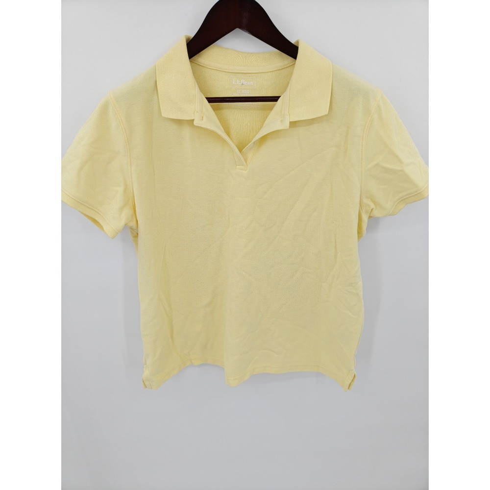LL Bean Womens XL Yellow Cotton Pique Short Sleeve V-Neck Polo Shirt 269098